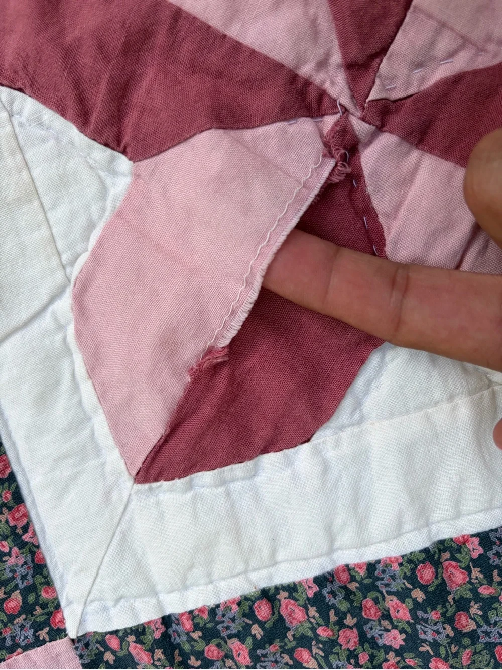 Handmade Pink and Green Patchwork Quilt - Floral Pinwheel Design VINTAGE stains